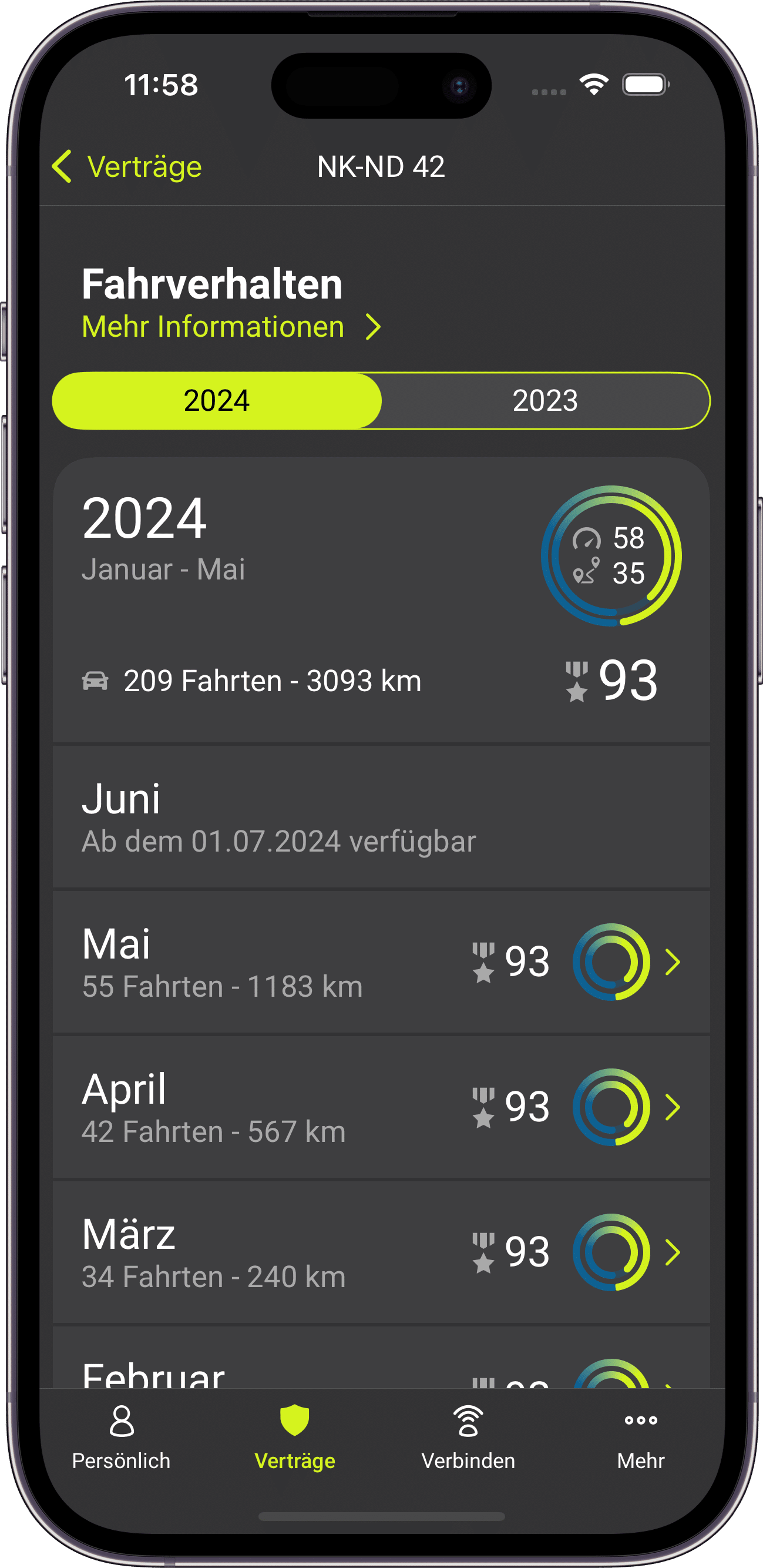 Screenshot der Fahrverhalten-Ansicht der Telematik-App.