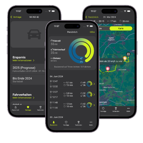Screenshots der Telematik-App der Bereiche Persönlich, Vertrag und Karte.